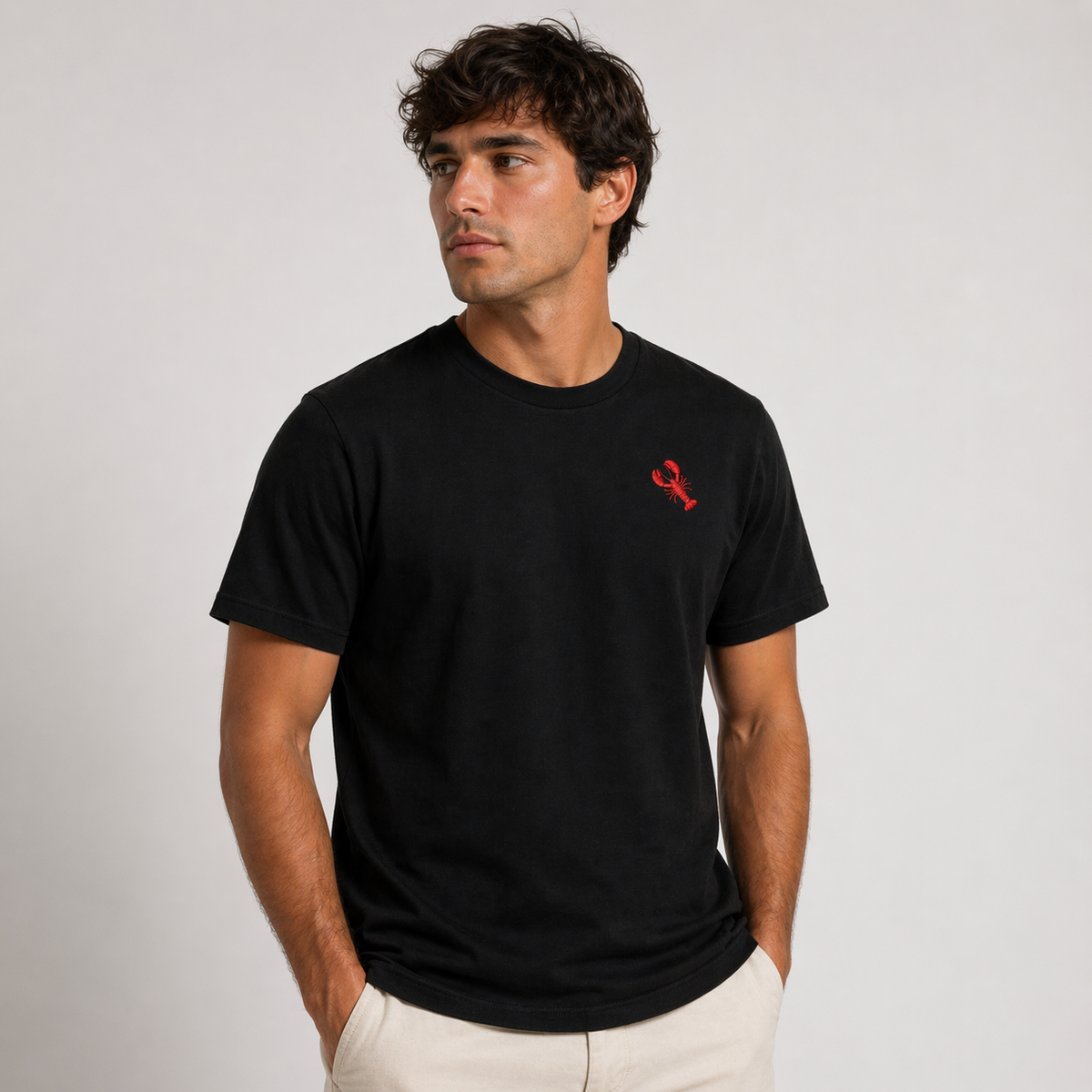 Black T-Shirt with Red Lobster Embroidery