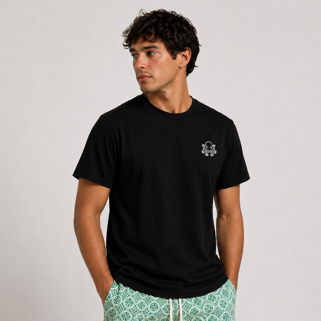 Black T-Shirt with White Octopus Embroidery