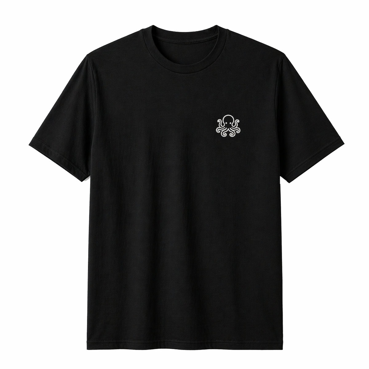 Black T-Shirt with White Octopus Embroidery