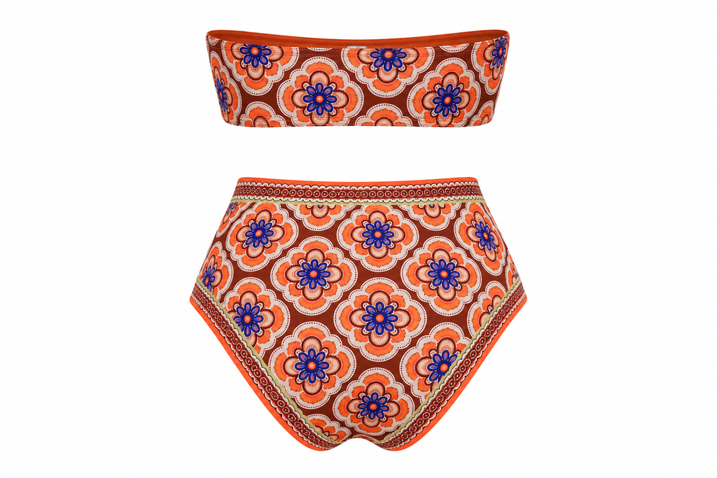 Retro Bloom – High-Waisted Bandeau Bikini Set