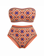 Retro Bloom – High-Waisted Bandeau Bikini Set