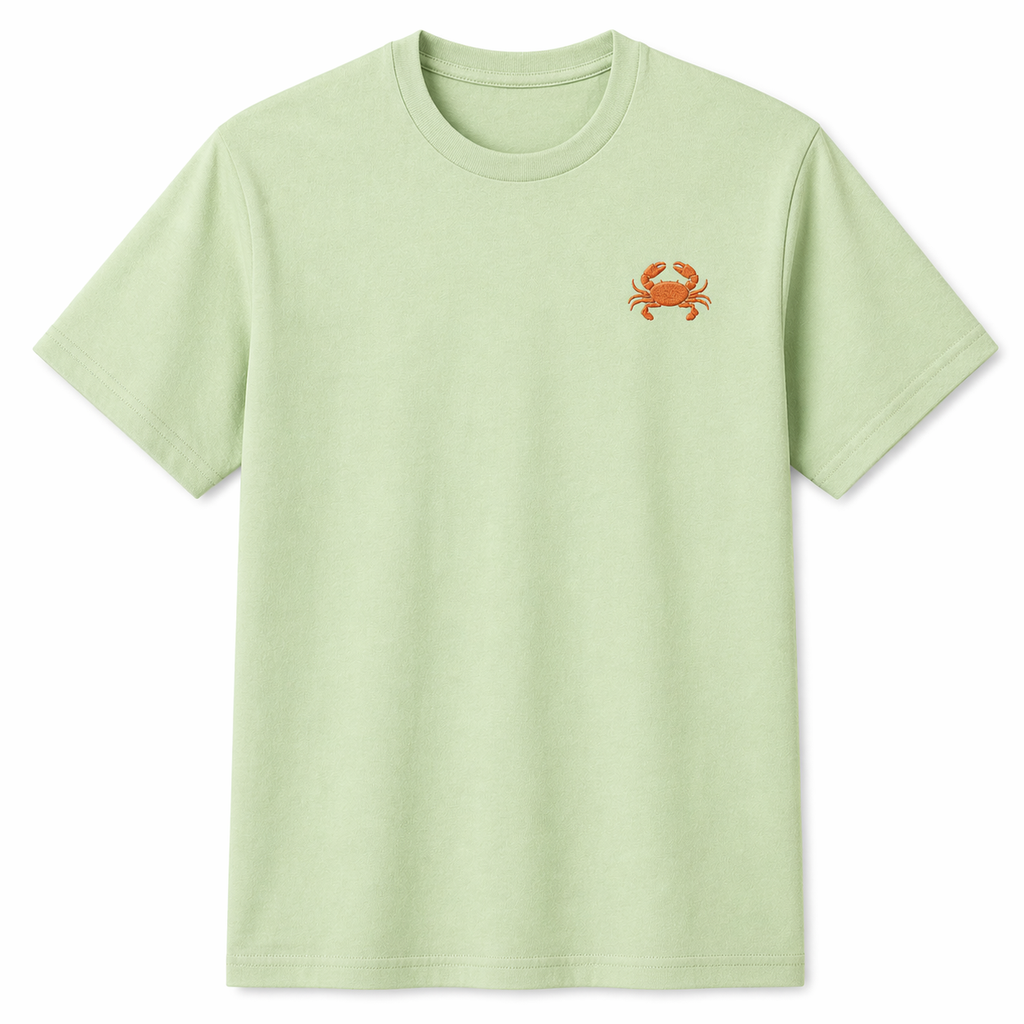 Sage Green T-Shirt with Orange Crab Embroidery