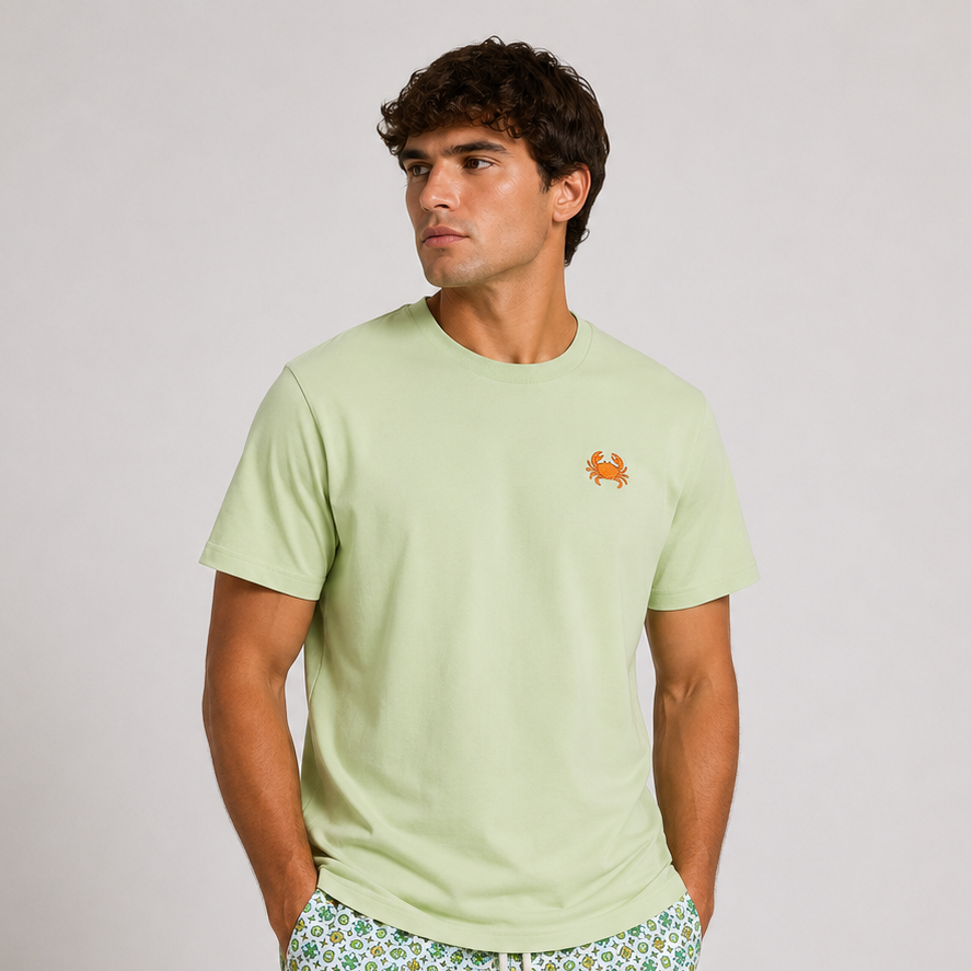 Sage Green T-Shirt with Orange Crab Embroidery
