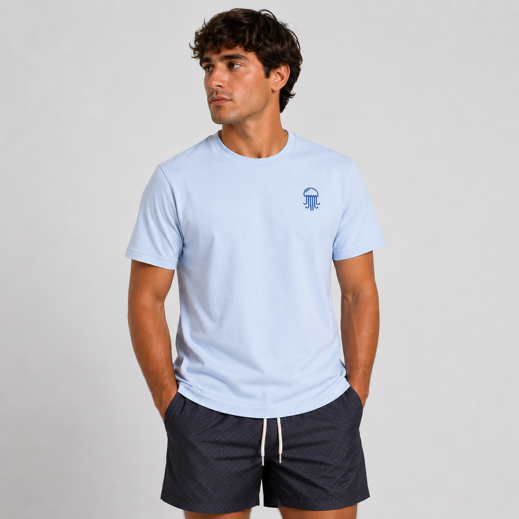 Sky Blue T-Shirt with Blue Jellyfish Embroidery
