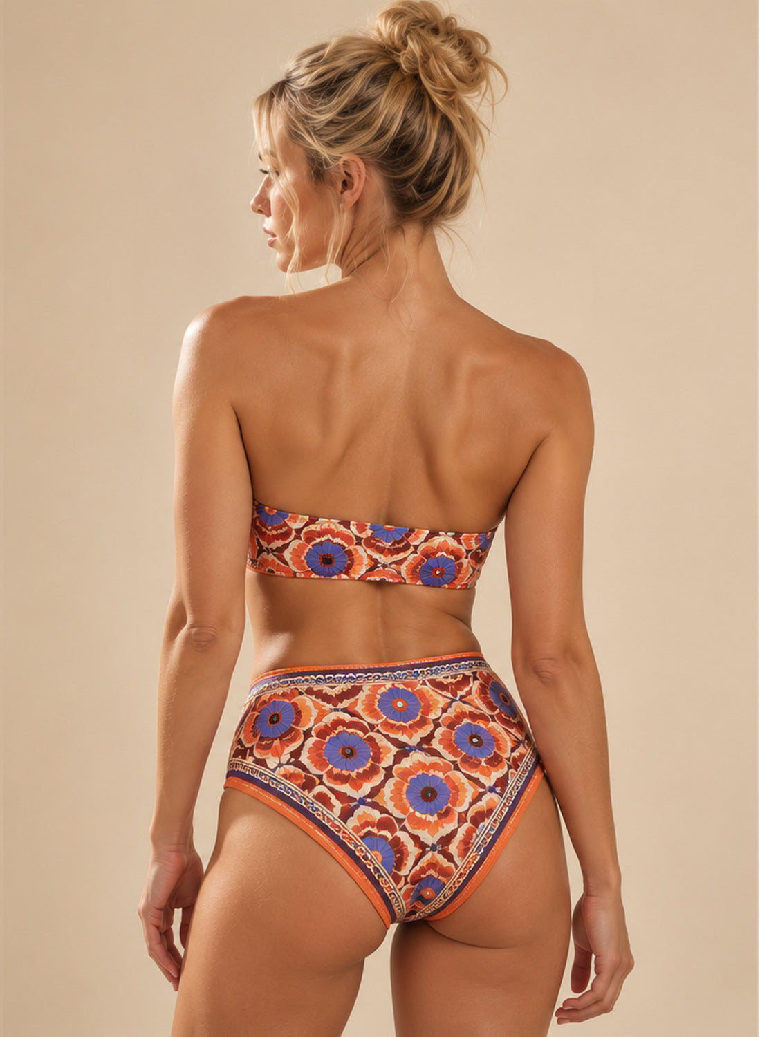 Retro Bloom – High-Waisted Bandeau Bikini Set