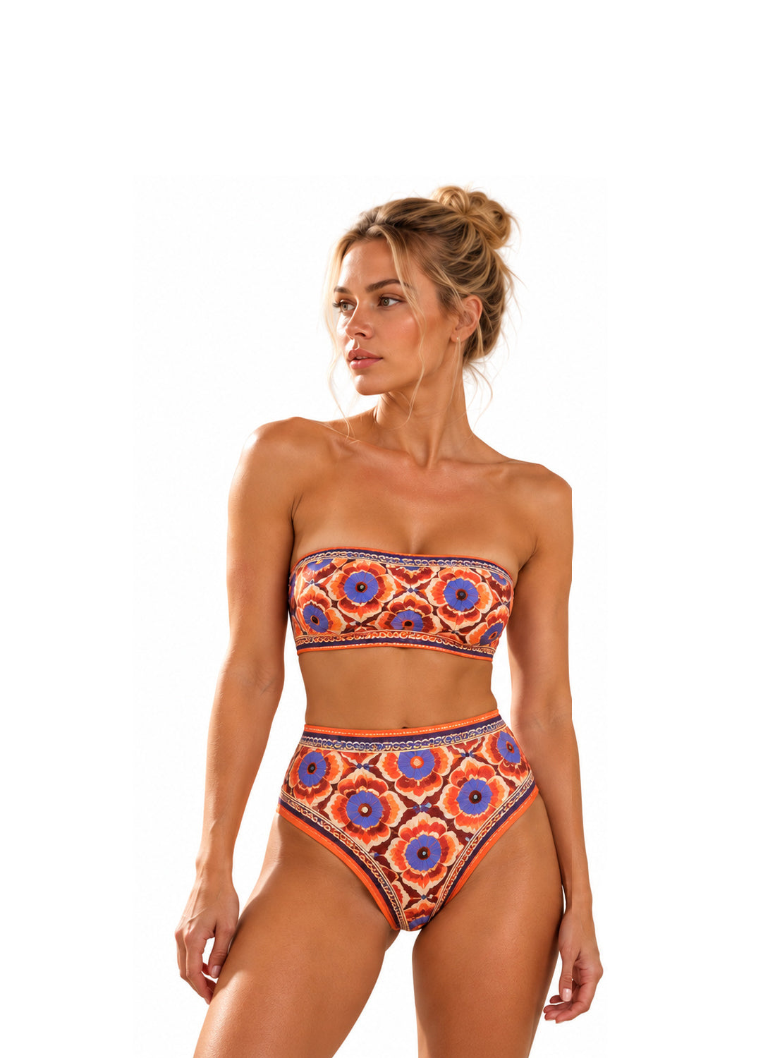 Retro Bloom – High-Waisted Bandeau Bikini Set